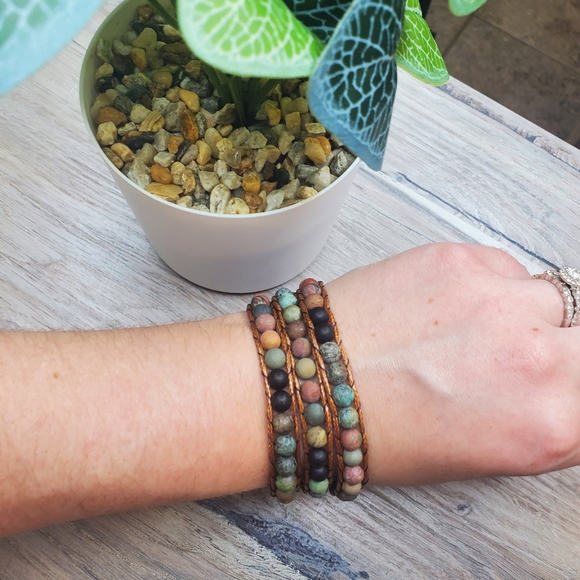 Bohemian wrap bracelet real stone leather multi layer woven skater Hippie good v - Picture 5 of 7